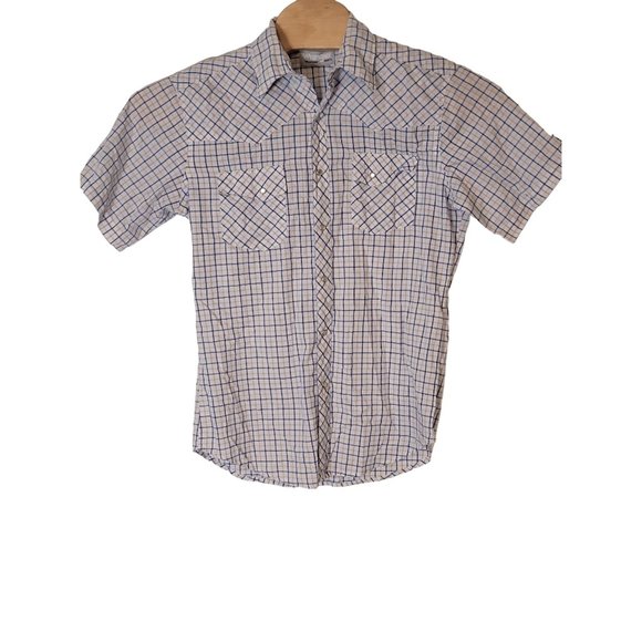 Wrangler Wrancher Short Sleeve Pearl Snap Shirt Size Medium White Blue Plaid - Picture 2 of 5